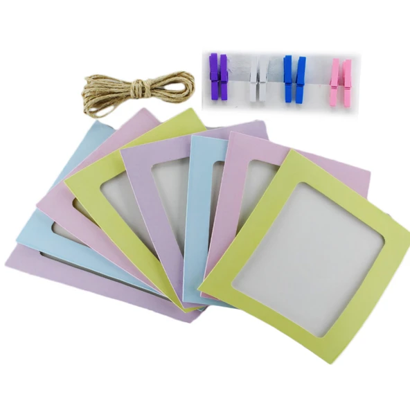Hanging Paper Photo Frame Karton İpli Mandallı Resimlik 8 Li  Karışık Renk - 1