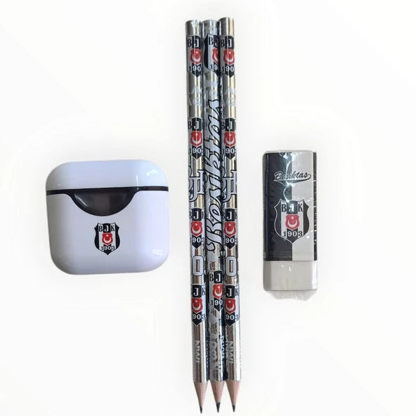 Beşiktaş Lisanslı Kurşun Kalem Seti (3 Adet Kurşun Kalem, Silgi, Beyaz Kalemtraş)