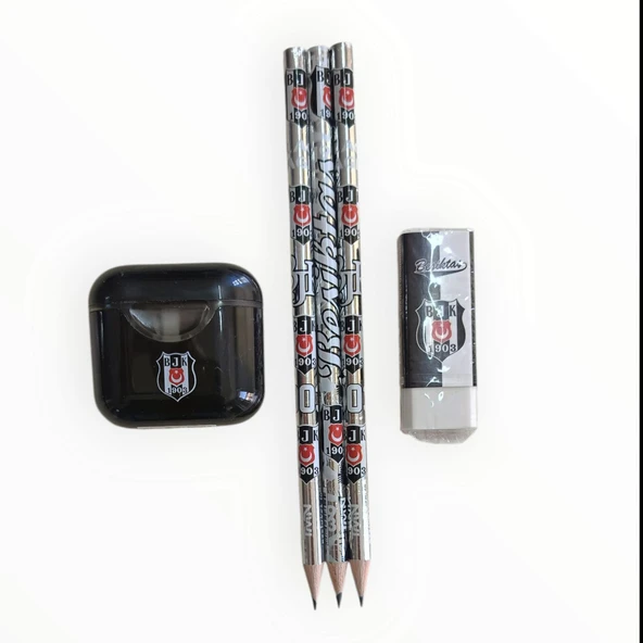 Beşiktaş Lisanslı Kurşun Kalem Seti (3 Adet Kurşun Kalem, Silgi, Siyah Kalemtraş)