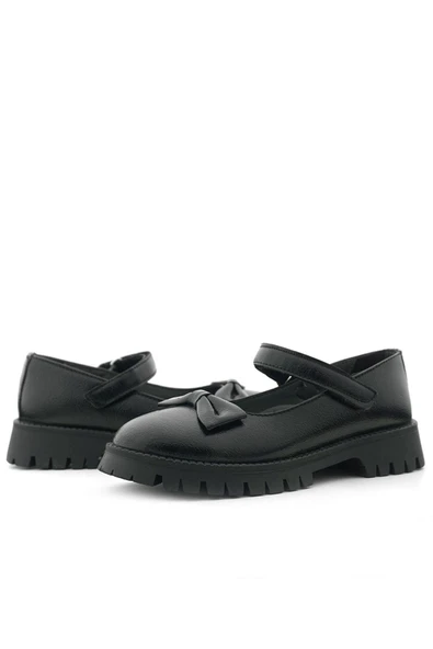 Rakerplus Siyah Kırışık Rugan Kalın Tabanlı Cırtlı Kız Çocuk Babet - Resim 8