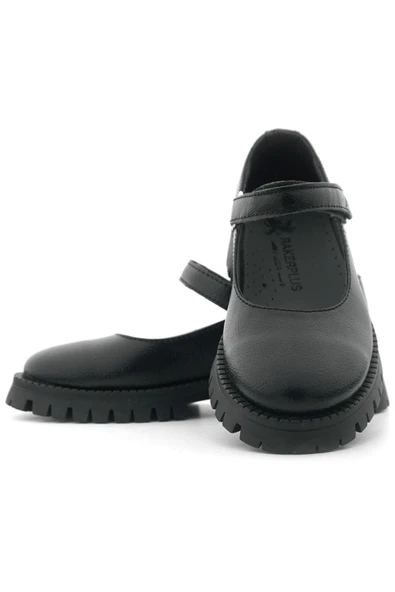 Rakerplus Siyah Kırışık Rugan Cırtlı Kalın Tabanlı Kız Çocuk Okul Ayakkabısı - 9