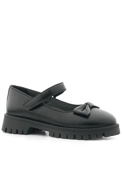 Rakerplus Siyah Kırışık Rugan Kalın Tabanlı Cırtlı Kız Çocuk Babet - Resim 2