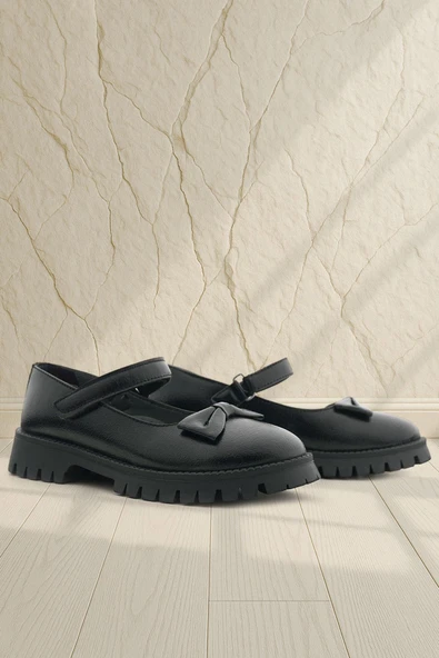 Rakerplus Siyah Kırışık Rugan Kalın Tabanlı Cırtlı Kız Çocuk Babet ürün görseli