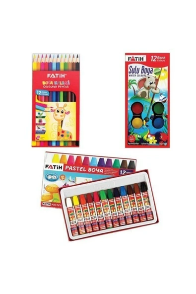 Fatih Okul 3 'lü Boya Seti -12'li Kuru Boya + 12'li Pastel Boya + 12'li Sulu Boya - 1