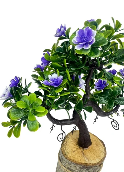 Yapay Çiçek Mor Çiçekli Bonsai Ağacı Dekoratif Kütük Saksıda Yapay Ağaç Bonzai Losus Çiçekli - 5