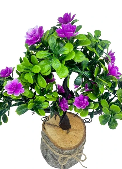 Yapay Çiçek Lila Çiçekli Bonsai Ağacı Dekoratif Kütük Saksıda Yapay Ağaç Bonzai Losus Çiçekli - Resim 2