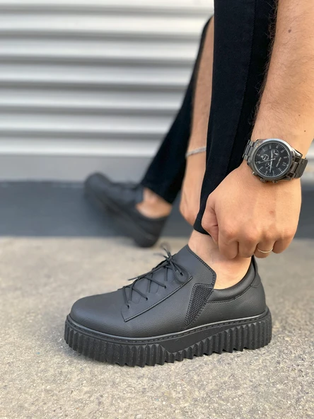 JY502 Bold Bağcıklı Cilt Erkek Günlük Sneaker Ayakkabı CST - Siyah - 3