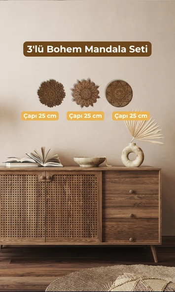 Bohem Ev Dekoru 3'lü Mandala Seti Ahşap Duvar Dekoru - 1