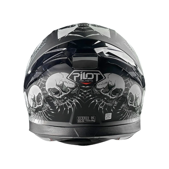 Pilot Snake SV Skull Mat Gri Kurukafa Kapalı Motosiklet Kaskı - Resim 5