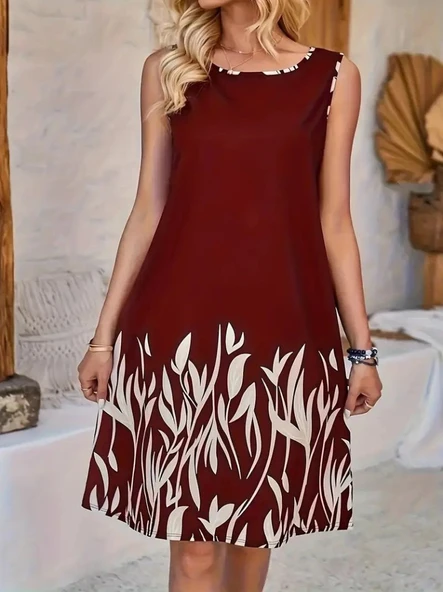 Lucky Life Kadın Askılı Yuvarlak Yakalı Yaprak Desenli Dalgıç Elbise - Resim 3