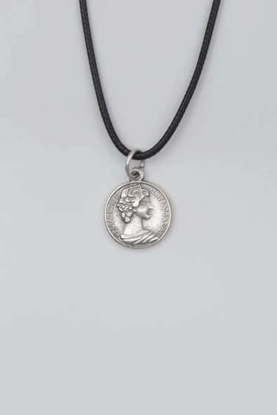 İngiliz Kraliçe II. Elizabeth Siyah Deri İp Kolye - Antik Gümüş Kaplama - Kadın Erkek - 60 cm ürün görseli 1