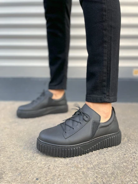 JY502 Bold Bağcıklı Cilt Erkek Günlük Sneaker Ayakkabı CST - Siyah - 2