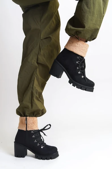 JET-EMMA Bağcıklı Fermuarlı Ortopedik Taban Topuklu Kürk Detaylı Süet Kadın Bot SST - Siyah - Resim 2