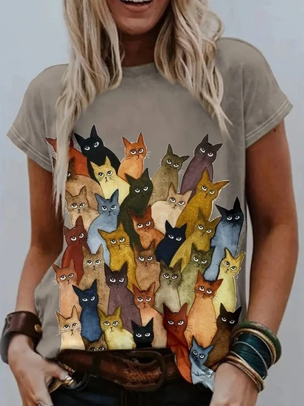 Lucky Life Kadın Kısa Kollu Bisiklet Yaka Kedi Desenli Süprem Bluz - Resim 3