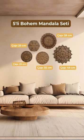 Bohem 5'li Mandala Seti Natürel Ahşap Duvar Dekoru - 1