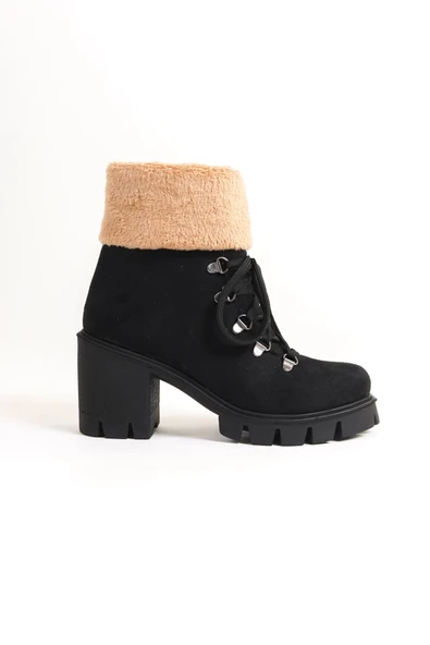 JET-EMMA Bağcıklı Fermuarlı Ortopedik Taban Topuklu Kürk Detaylı Süet Kadın Bot SST - Siyah - Resim 6