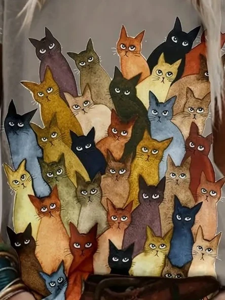 Lucky Life Kadın Kısa Kollu Bisiklet Yaka Kedi Desenli Süprem Bluz ürün görseli 1