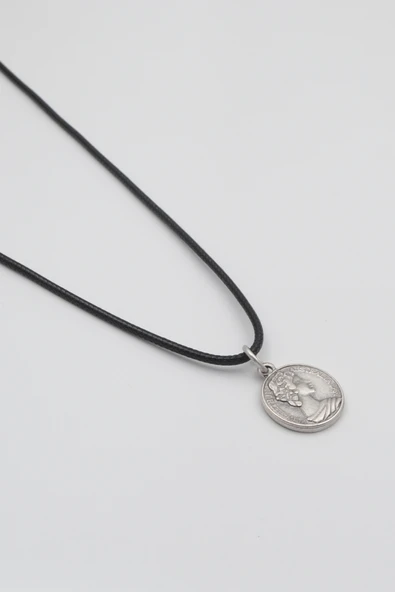 İngiliz Kraliçe II. Elizabeth Siyah Deri İp Kolye - Antik Gümüş Kaplama - Kadın Erkek - 60 cm - Resim 2