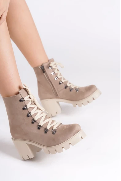 JET-EMMA Bağcıklı Fermuarlı Ortopedik Taban Topuklu Süet Kadın Bot  STT - Ten - Resim 3