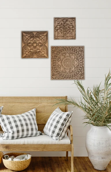 Bohem Ev Dekoru 3'lü Kare Mandala Seti Duvar Süsü - 1