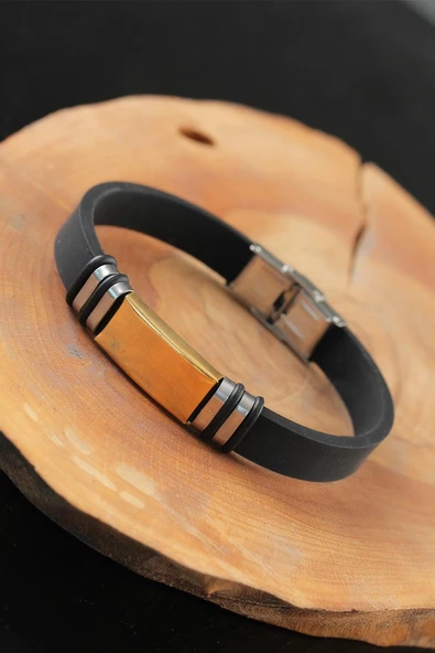 Gold Renk Metal Aksesuarlı Siyah Renk Deri Erkek Bileklik ürün görseli 1