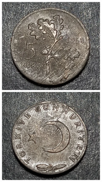 Escoines 39963689925ba27fcb 1968 haliyle 5 Kuruş %97 Bakır para ürün görseli 1