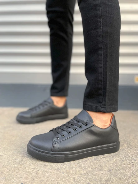 JY122 Mode Bağcıklı Cilt Erkek Günlük Sneaker Ayakkabı CST - Siyah - 2