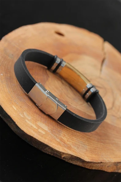 Gold Renk Metal Aksesuarlı Siyah Renk Deri Erkek Bileklik - Resim 2