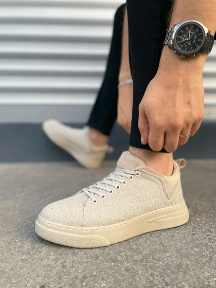 JY204 Flex Bağcıklı Keten Kumaş Erkek Günlük Sneaker Ayakkabı KKT - Krem - 3
