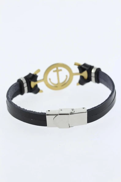 Gold Renk Deniz Çapası Figürlü Metal Aksesuarlı Siyah Renk Deri Erkek Bileklik - 2