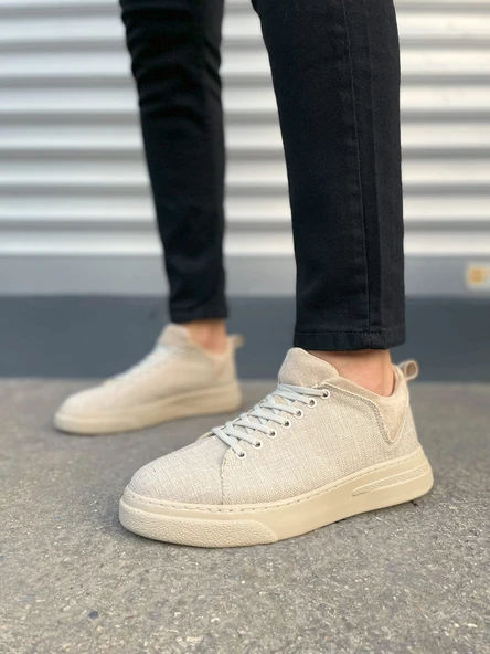 JY204 Flex Bağcıklı Keten Kumaş Erkek Günlük Sneaker Ayakkabı KKT - Krem - 2