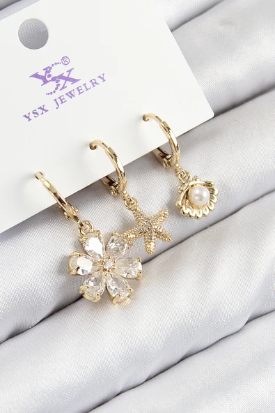 Pirinç Zirkon Taşlı 3'lü İstiridye Ve Çiçek Model Gold Renk Kadın Küpe - TJ-BKP11137 ürün görseli 1