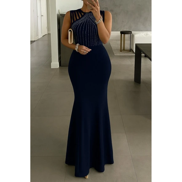 Lucky Life Kadın Omuz çoklu Askılı önü Taş Işlemeli Balık Kesim Janjan Krep Maxi Boy Elbise - 3