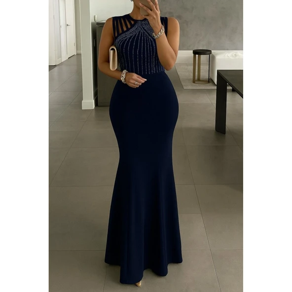 Lucky Life Kadın Omuz çoklu Askılı önü Taş Işlemeli Balık Kesim Janjan Krep Maxi Boy Elbise - 2