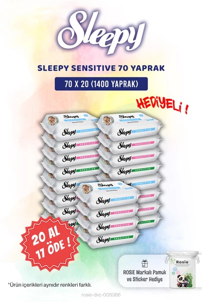 Sleepy 20 AL 17 ÖDE Sensitive 70'li Bebek Islak Mendili ve Rosie Pamuk Hediye ürün görseli