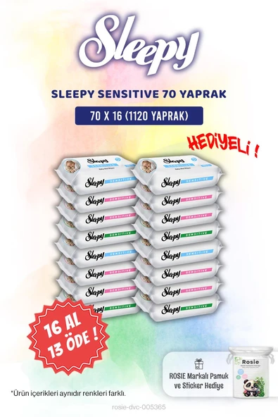 Sleepy 16 AL 13 ÖDE Sensitive 70'li Bebek Islak Mendili ve Rosie Pamuk Hediye ürün görseli