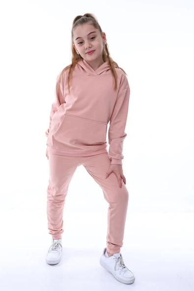 Basic Kapüşonlu 2 İplik Şardonlu Kanguru Cepli Çocuk Eşofman Takımı 3-10 Yaş Haki - Resim 3