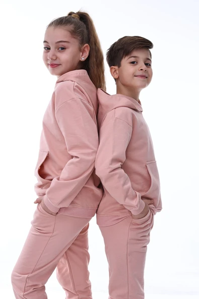 Basic Kapüşonlu 2 İplik Şardonlu Kanguru Cepli Çocuk Eşofman Takımı 3-10 Yaş Haki ürün görseli