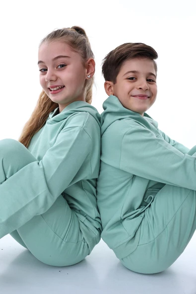 Basic Kapüşonlu 2 İplik Şardonlu Kanguru Cepli Çocuk Eşofman Takımı 3-10 Yaş Haki - Resim 2