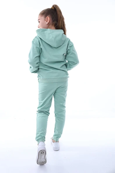 Basic Kapüşonlu 2 İplik Şardonlu Kanguru Cepli Çocuk Eşofman Takımı 3-10 Yaş Haki - Resim 3