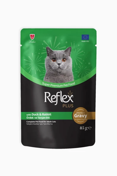 Reflex Plus Sos İçinde Et Parçacıklı Ördekli Ve Tavşanlı Yetişkin Kedi Maması 85 gr ürün görseli