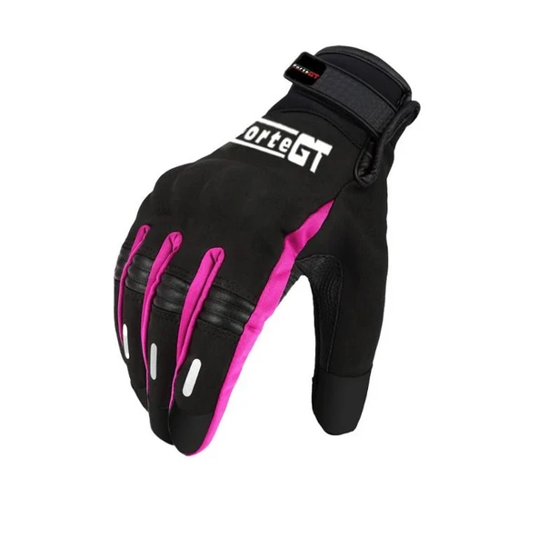 FORTE GT 07 Kadın Su Geçirmez Reflektif Softshel Bayan Motosiklet Eldiveni Siyah Pembe S Beden