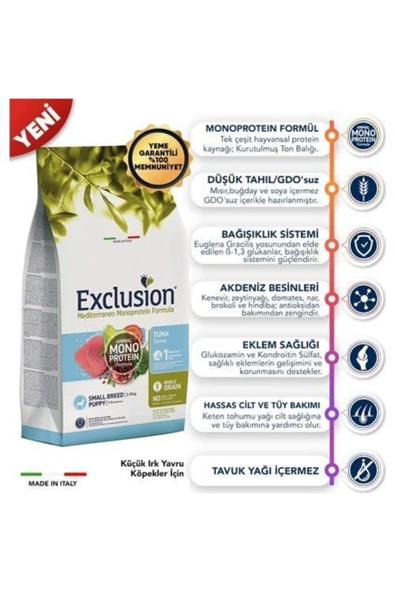 Exclusion Monoprotein Düşük Tahıllı Ton Balıklı ve Narlı Küçük Irk Yavru Köpek Maması 2 kg ürün görseli 1