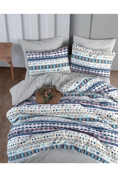 Sheri Home Tekstil Lastikli Çarşaflı Çift Kişilik Nevresim Takımı | Pudra Bej - Resim 2