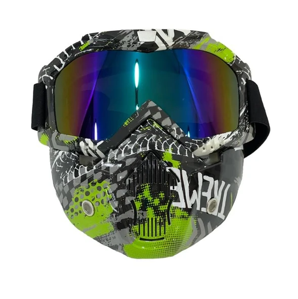 Tex 710 Jet Maske Bisiklet Motosiklet Kayak Çok Amaçlı Maske Renkli Cam Aynalı Gözlük Treme Yeşil