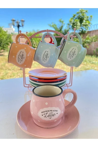 81008 6'lı Standlı Kahve Seti 13 Parça 6 Fincan 6 Tabak 1 Askılı Stand Love Yazılı - Resim 3
