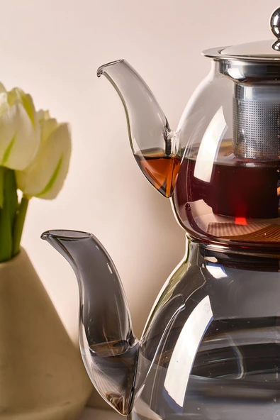 Carlo Füme Indüksiyon Tabanlı Borosilikat Cam Çaydanlık Takımı 500 ml Demlik 1500 ml Suluk - Resim 3
