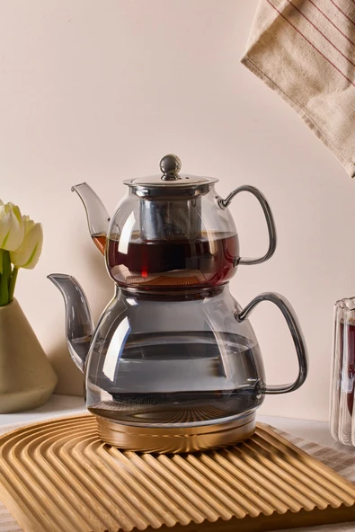 Carlo Füme Indüksiyon Tabanlı Borosilikat Cam Çaydanlık Takımı 500 ml Demlik 1500 ml Suluk ürün görseli