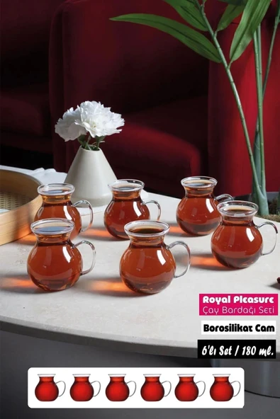 6'lı Pleasure Borosilikat Cam Bardak Set Isıya Dayanıklı Keyfi Ala Kulplu Çay Fincanı Bardağı ürün görseli