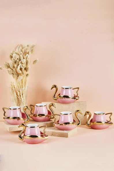 Swan Kuğu 6 Kişilik Porselen Kahve Fincan Takımı 80 ml Pembe ürün görseli